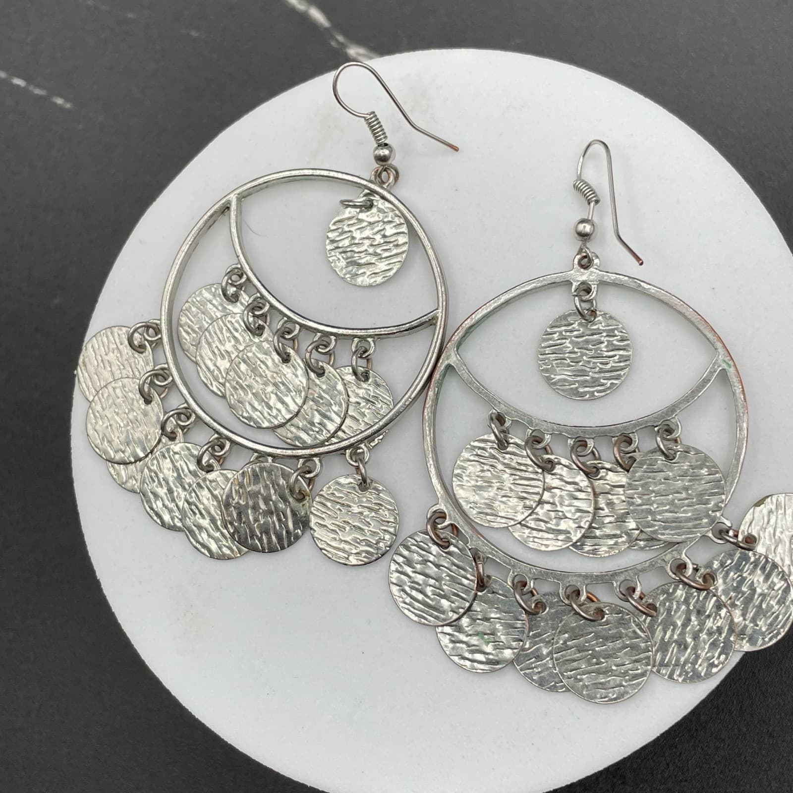 Vintage Silver-Tone Hammered Multi-Disc Chandelier Hoop Drop Hook Earrings - Thumbnail 5
