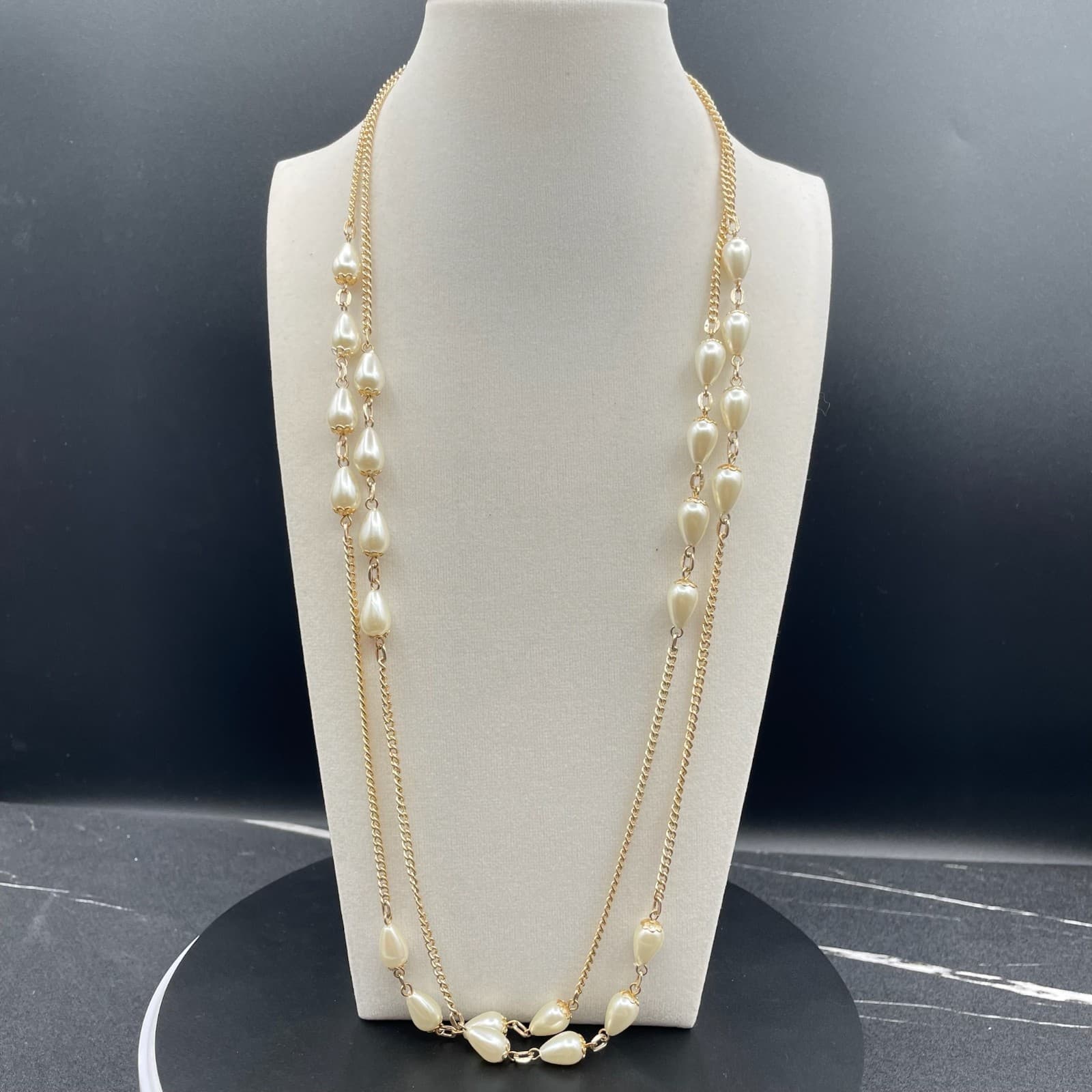 Vintage Gold-Tone Chain Mother Of Pearl Teardrop Beaded Double-Stranded Necklace - Image 1