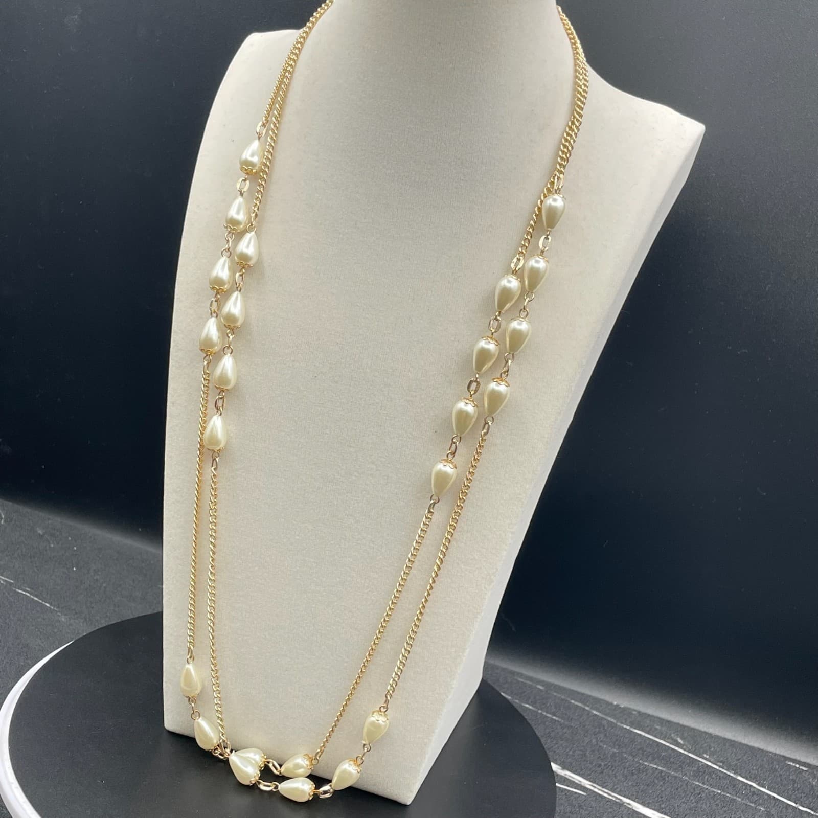 Vintage Gold-Tone Chain Mother Of Pearl Teardrop Beaded Double-Stranded Necklace - Thumbnail 6