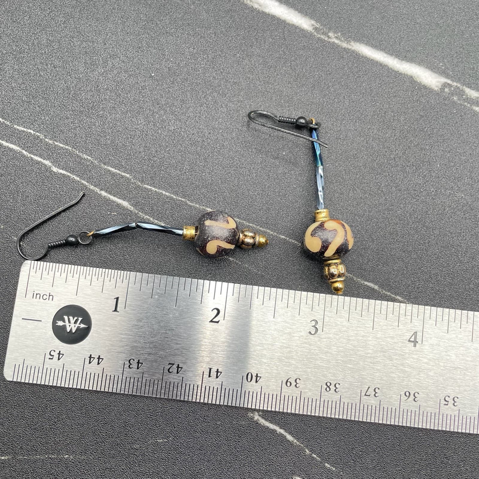 Bohemian Gold-Tone Surgical Steel Glass Ball Beaded Batik Bone Dangle Earrings - Thumbnail 9