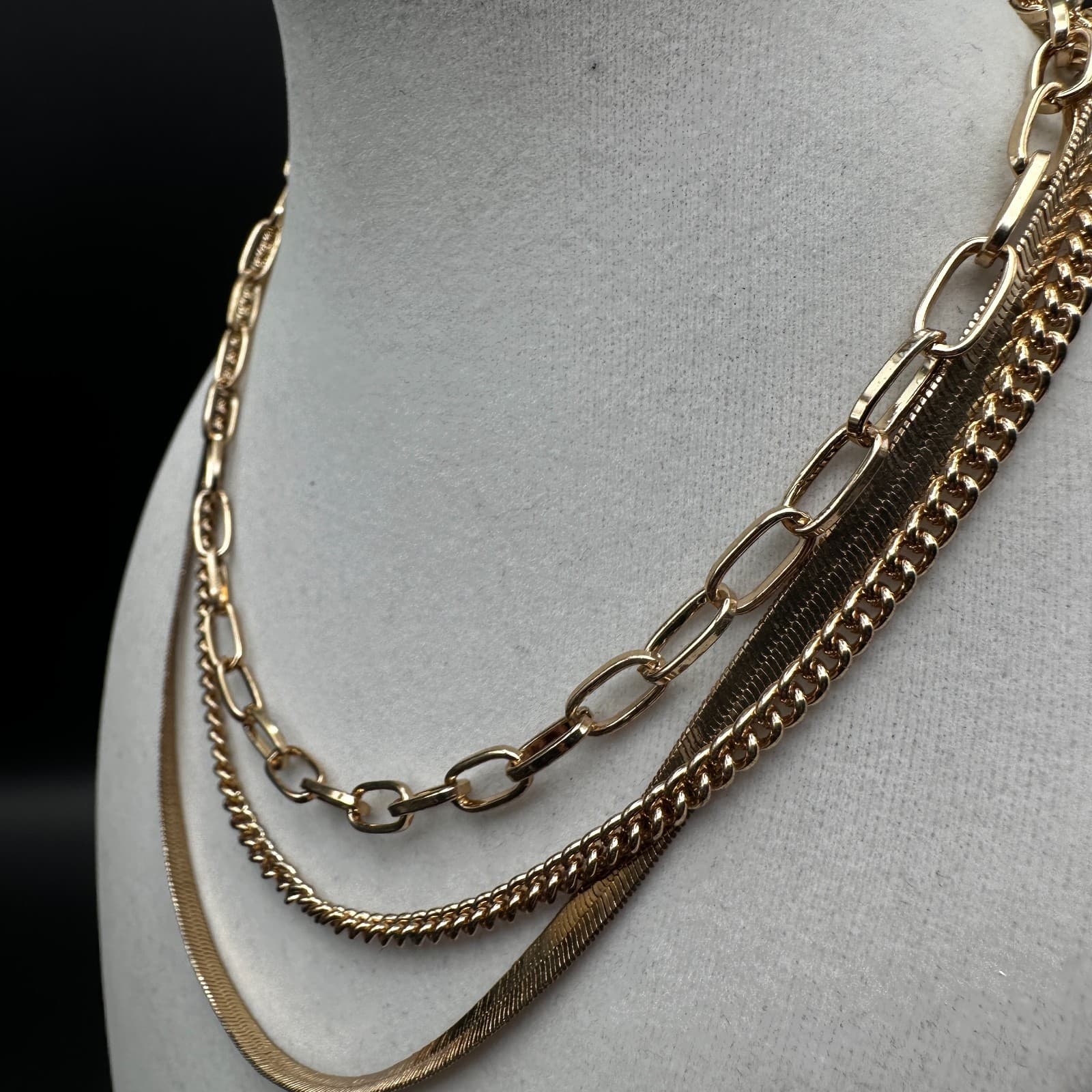 Vintage 90s Gold Tone Multi-Strand Layered Chain Necklace Herringbone Style - Thumbnail 6