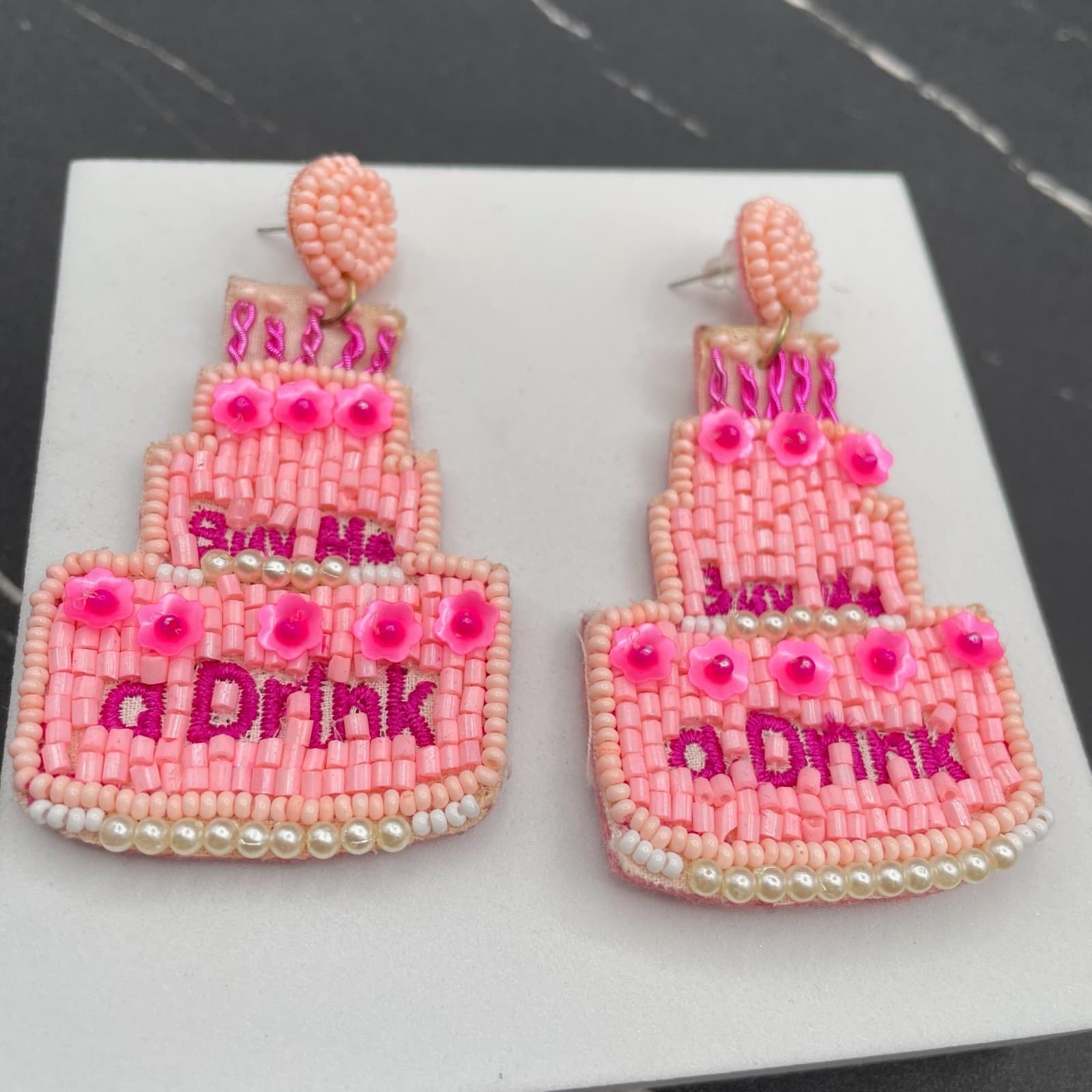 Pink Seed Bead Tiered Embroidery Thread "Buy Me a Drink" Cake Felt Drop Earrings - Thumbnail 5