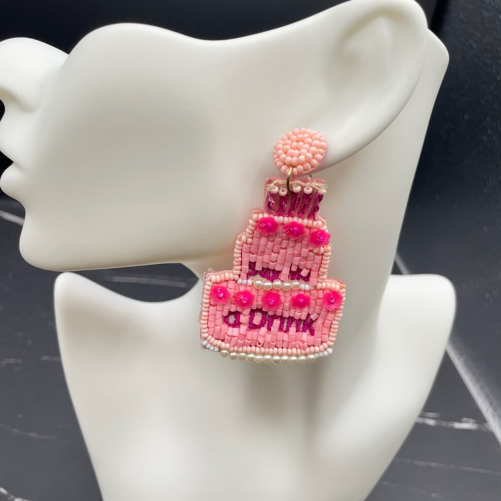 Pink Seed Bead Tiered Embroidery Thread "Buy Me a Drink" Cake Felt Drop Earrings - Image 1