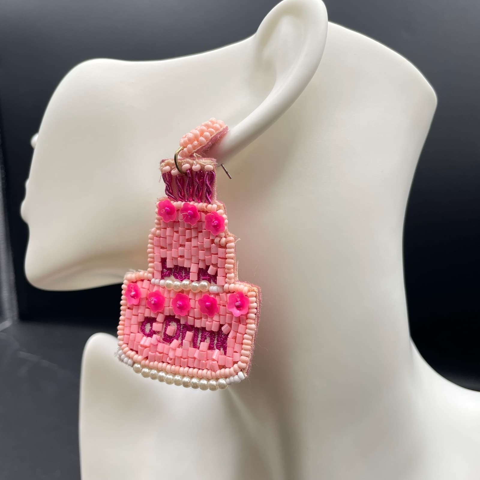 Pink Seed Bead Tiered Embroidery Thread "Buy Me a Drink" Cake Felt Drop Earrings - Thumbnail 8