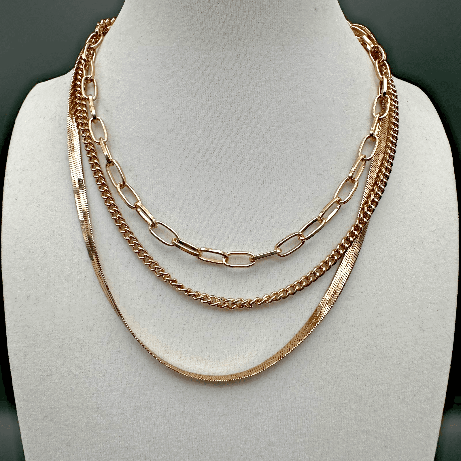 Vintage 90s Gold Tone Multi-Strand Layered Chain Necklace Herringbone Style - Image 1