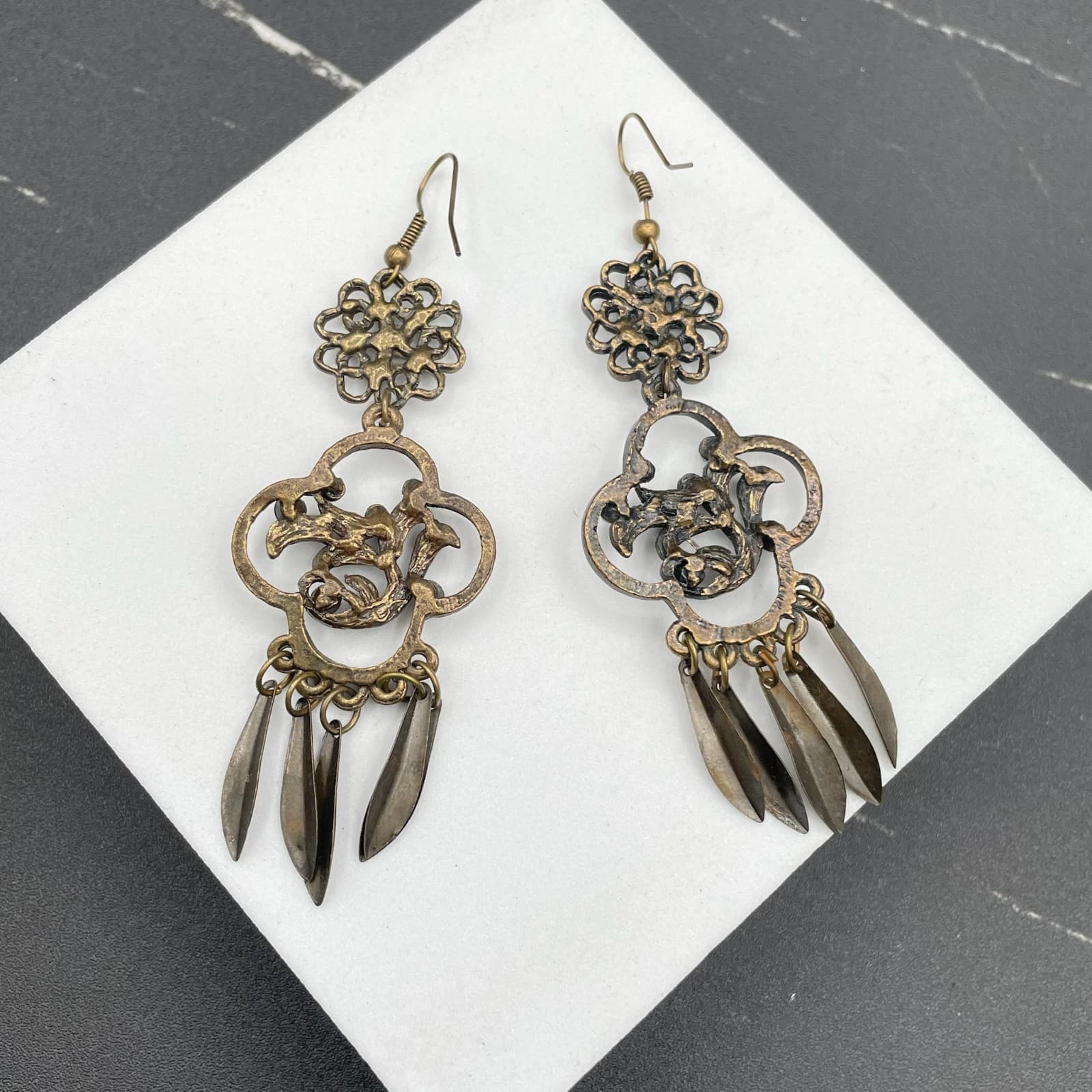 Vintage Bronze-Tone Rhinestone Floral Quatrefoil Swords Tassel Dangle Earrings - Thumbnail 4