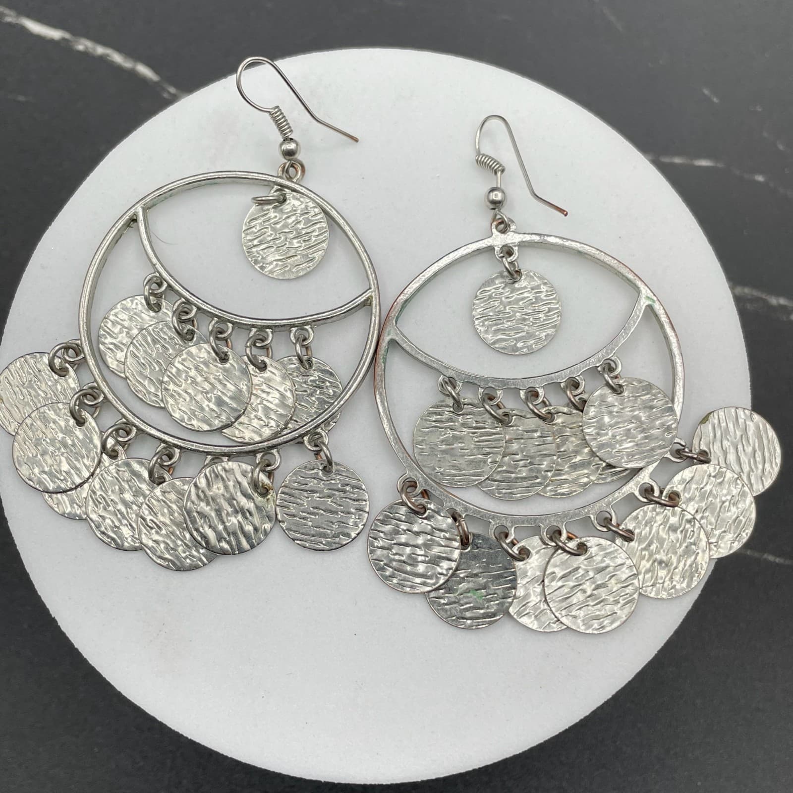 Vintage Silver-Tone Hammered Multi-Disc Chandelier Hoop Drop Hook Earrings - Thumbnail 2