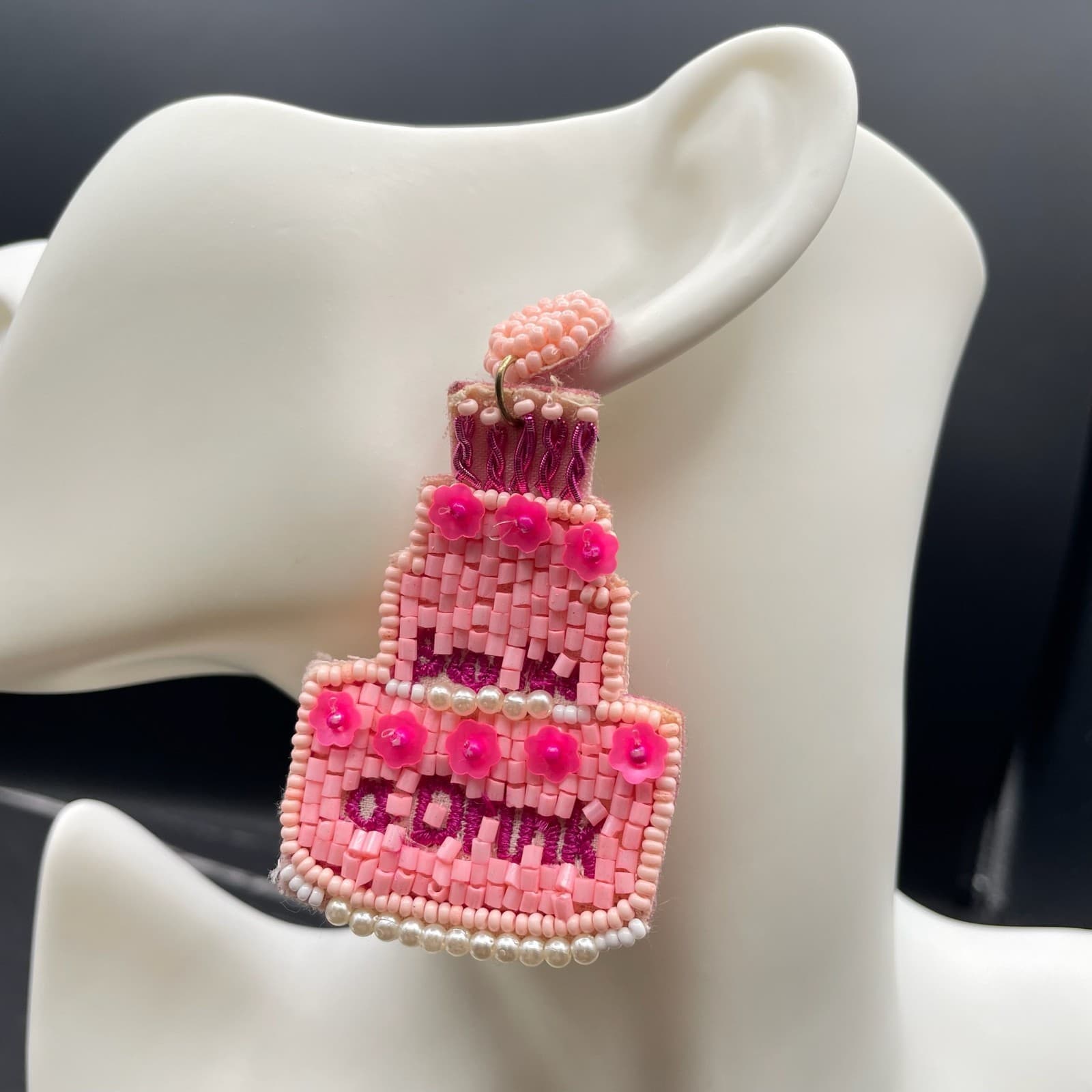 Pink Seed Bead Tiered Embroidery Thread "Buy Me a Drink" Cake Felt Drop Earrings - Thumbnail 7