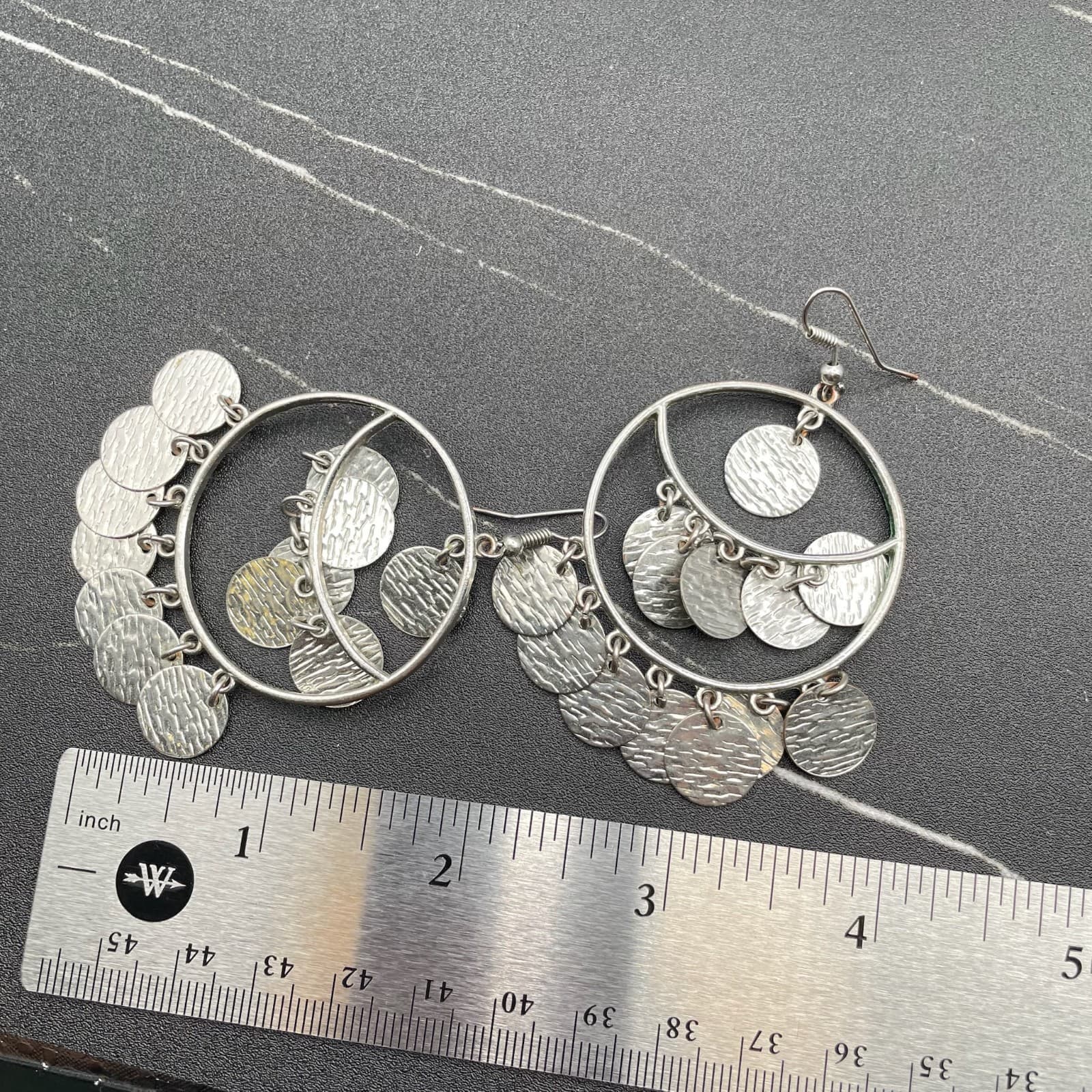 Vintage Silver-Tone Hammered Multi-Disc Chandelier Hoop Drop Hook Earrings - Thumbnail 8