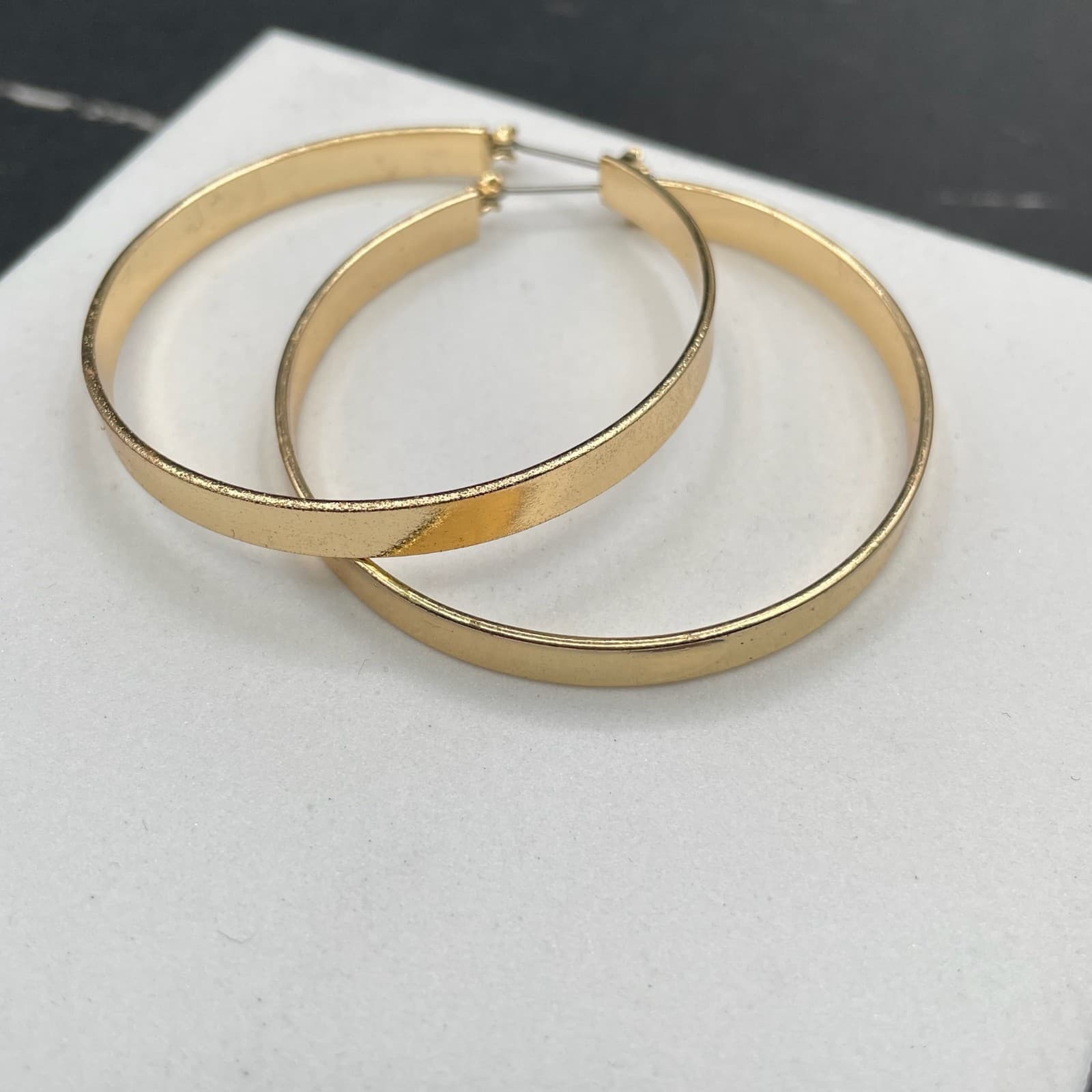 Contemporary Gold-Tone Classic Wide Flat Hoop Statement Latch Back Earrings - Thumbnail 2