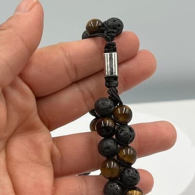 Vintage Natural Tiger's Eye & Lava Rock Bracelet Double Strand Cord Stone Boho - Thumbnail 6