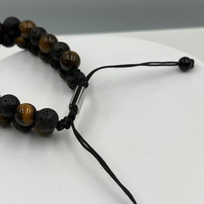 Vintage Natural Tiger's Eye & Lava Rock Bracelet Double Strand Cord Stone Boho - Thumbnail 5