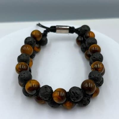 Vintage Natural Tiger's Eye & Lava Rock Bracelet Double Strand Cord Stone Boho - Image 1