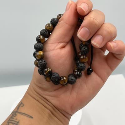 Vintage Natural Tiger's Eye & Lava Rock Bracelet Double Strand Cord Stone Boho - Thumbnail 7