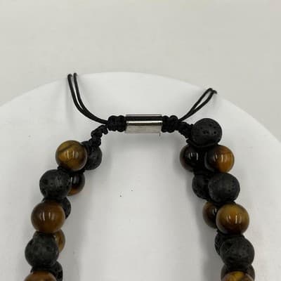 Vintage Natural Tiger's Eye & Lava Rock Bracelet Double Strand Cord Stone Boho - Thumbnail 3