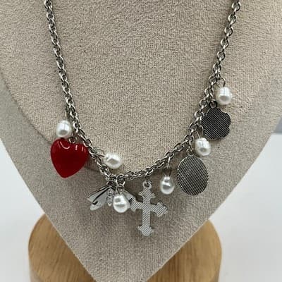 Vintage Y2K Silver Tone Charm Necklace Cross Heart Faux Pearl Red Rhinestone - Thumbnail 7