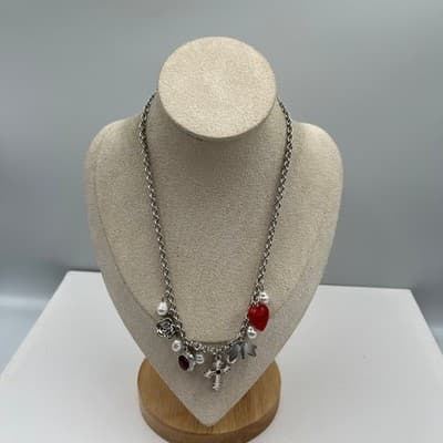 Vintage Y2K Silver Tone Charm Necklace Cross Heart Faux Pearl Red Rhinestone - Thumbnail 2