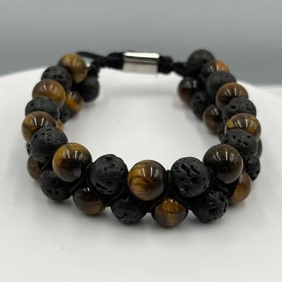 Vintage Natural Tiger's Eye & Lava Rock Bracelet Double Strand Cord Stone Boho - Thumbnail 4