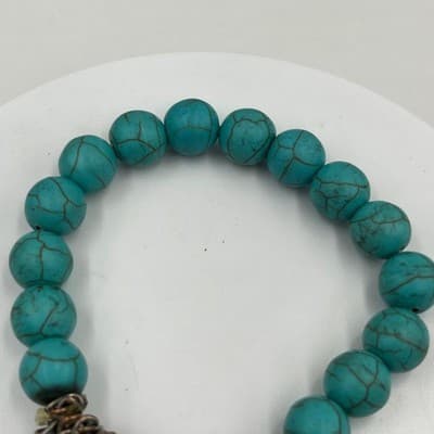 Vintage Turquoise Howlite Beaded Bracelet Cross Charms Ornate Metal Accents Boho - Thumbnail 2