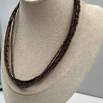 Vintage Brown Multi Strand Beaded Necklace Metallic Seed Beads Layered Statement - Thumbnail 6