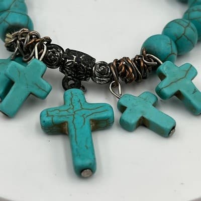 Vintage Turquoise Howlite Beaded Bracelet Cross Charms Ornate Metal Accents Boho - Thumbnail 3