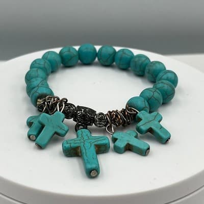 Vintage Turquoise Howlite Beaded Bracelet Cross Charms Ornate Metal Accents Boho - Thumbnail 4