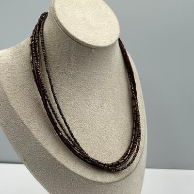 Vintage Brown Multi Strand Beaded Necklace Metallic Seed Beads Layered Statement - Thumbnail 4