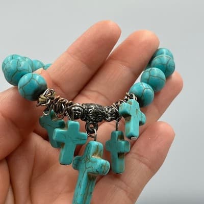 Vintage Turquoise Howlite Beaded Bracelet Cross Charms Ornate Metal Accents Boho - Thumbnail 5