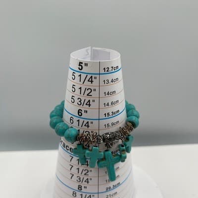 Vintage Turquoise Howlite Beaded Bracelet Cross Charms Ornate Metal Accents Boho - Thumbnail 7