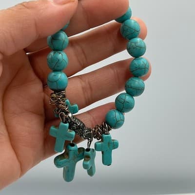 Vintage Turquoise Howlite Beaded Bracelet Cross Charms Ornate Metal Accents Boho - Thumbnail 6