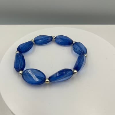 Vintage Cobalt Blue Faceted Bead Bracelet Silver Tone Spacers Bold Statement - Thumbnail 2