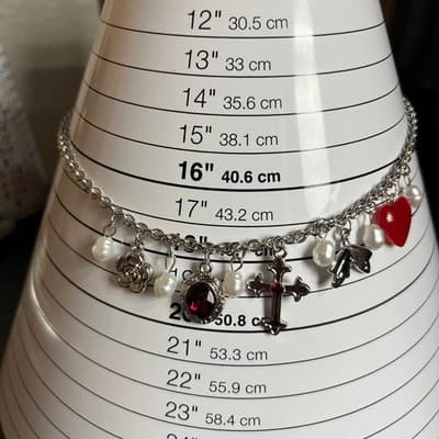 Vintage Y2K Silver Tone Charm Necklace Cross Heart Faux Pearl Red Rhinestone - Thumbnail 8