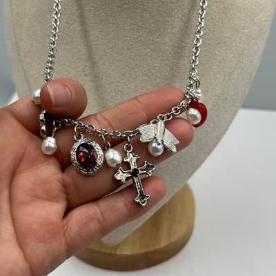 Vintage Y2K Silver Tone Charm Necklace Cross Heart Faux Pearl Red Rhinestone - Thumbnail 5