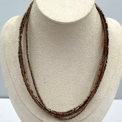 Vintage Brown Multi Strand Beaded Necklace Metallic Seed Beads Layered Statement - Image 1