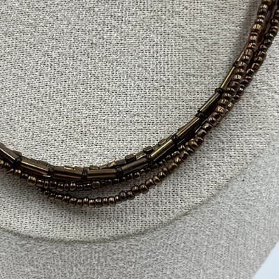 Vintage Brown Multi Strand Beaded Necklace Metallic Seed Beads Layered Statement - Thumbnail 3