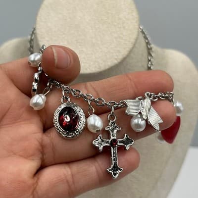 Vintage Y2K Silver Tone Charm Necklace Cross Heart Faux Pearl Red Rhinestone - Thumbnail 6