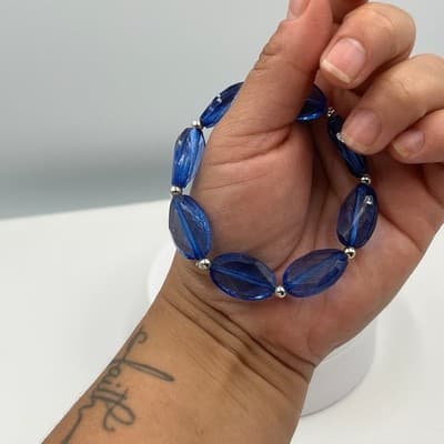 Vintage Cobalt Blue Faceted Bead Bracelet Silver Tone Spacers Bold Statement - Thumbnail 5