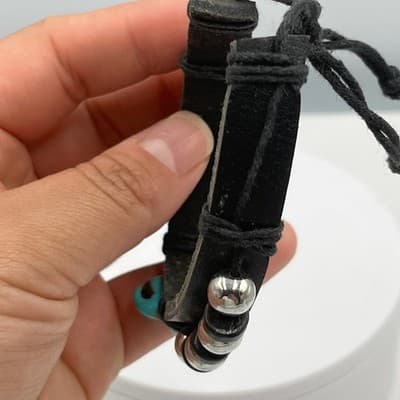 Vintage Black Leather Bracelet Turquoise Howlite Elephant Silver Bead Southwest - Thumbnail 5