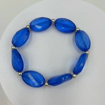 Vintage Cobalt Blue Faceted Bead Bracelet Silver Tone Spacers Bold Statement - Image 1