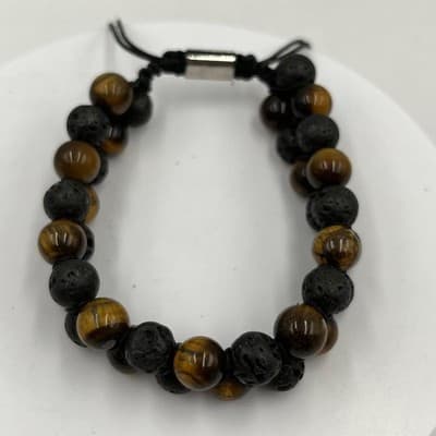 Vintage Natural Tiger's Eye & Lava Rock Bracelet Double Strand Cord Stone Boho - Thumbnail 2