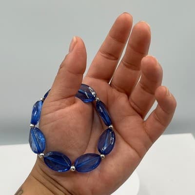 Vintage Cobalt Blue Faceted Bead Bracelet Silver Tone Spacers Bold Statement - Thumbnail 6