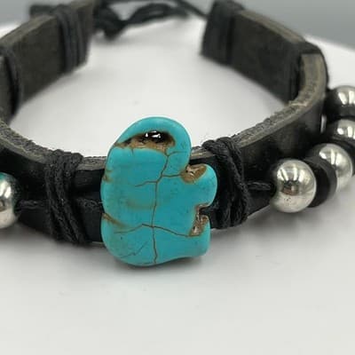 Vintage Black Leather Bracelet Turquoise Howlite Elephant Silver Bead Southwest - Thumbnail 4