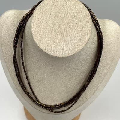Vintage Brown Multi Strand Beaded Necklace Metallic Seed Beads Layered Statement - Thumbnail 5