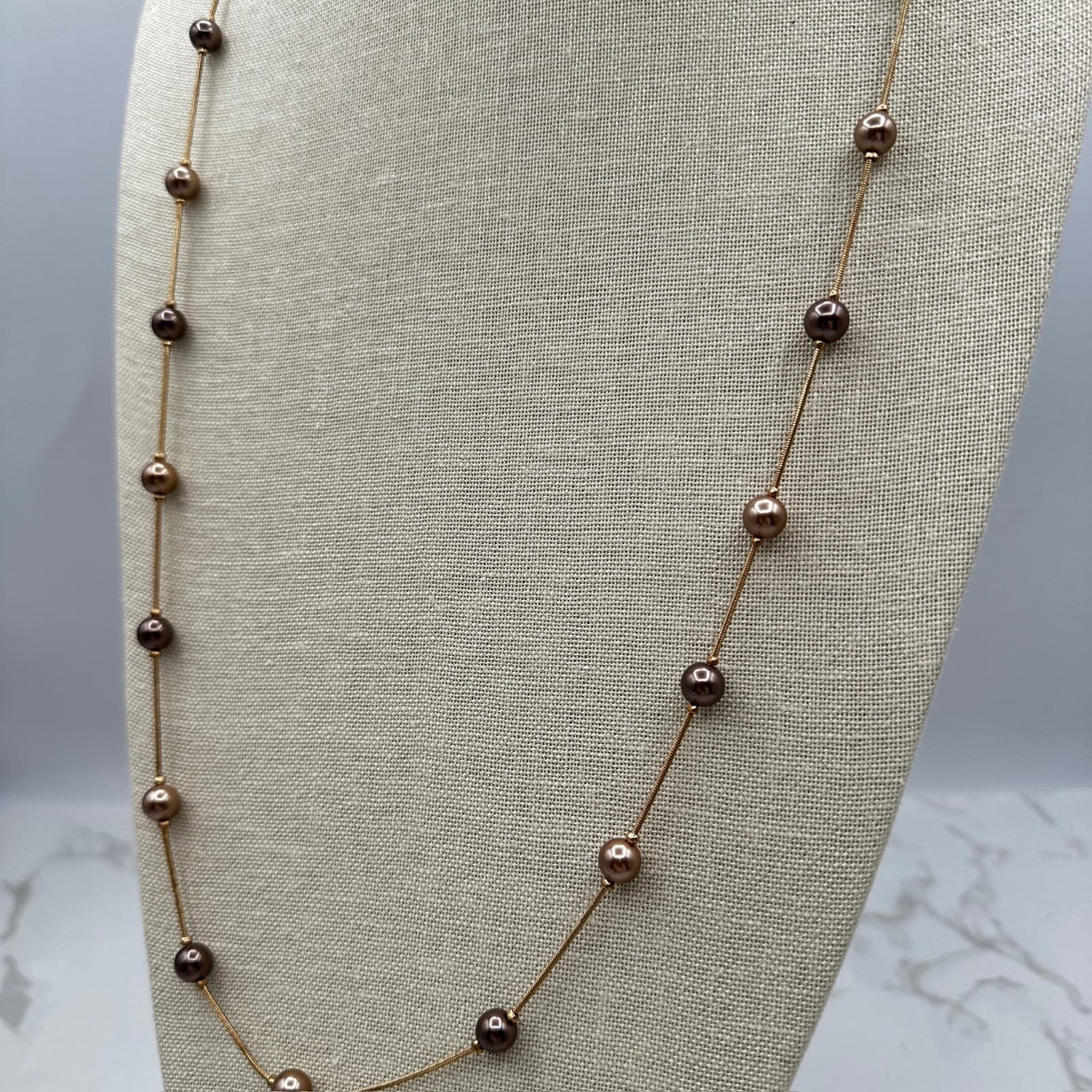 Vintage Gold-Tone Classic Retro Fashion Beaded Station Lobster Necklace - Thumbnail 4