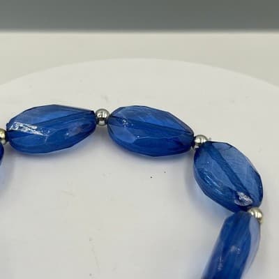 Vintage Cobalt Blue Faceted Bead Bracelet Silver Tone Spacers Bold Statement - Thumbnail 3