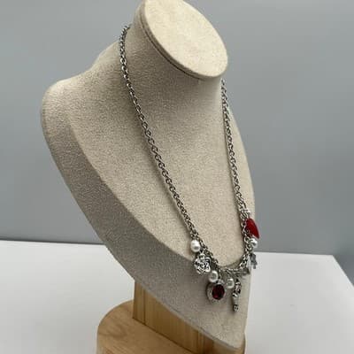 Vintage Y2K Silver Tone Charm Necklace Cross Heart Faux Pearl Red Rhinestone - Thumbnail 4