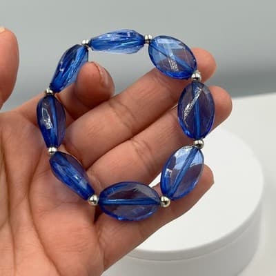 Vintage Cobalt Blue Faceted Bead Bracelet Silver Tone Spacers Bold Statement - Thumbnail 4