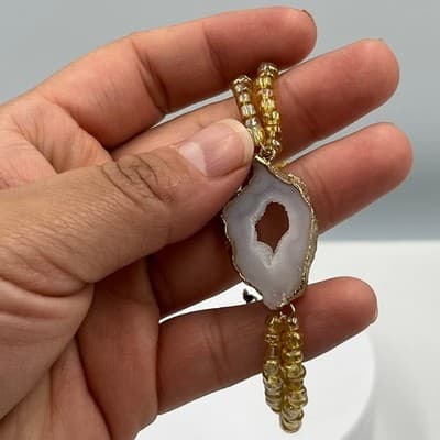 VTG Yellow Seed Beads Wrap Bracelet Agate Slice Center Gold Tone Double Strand - Thumbnail 7