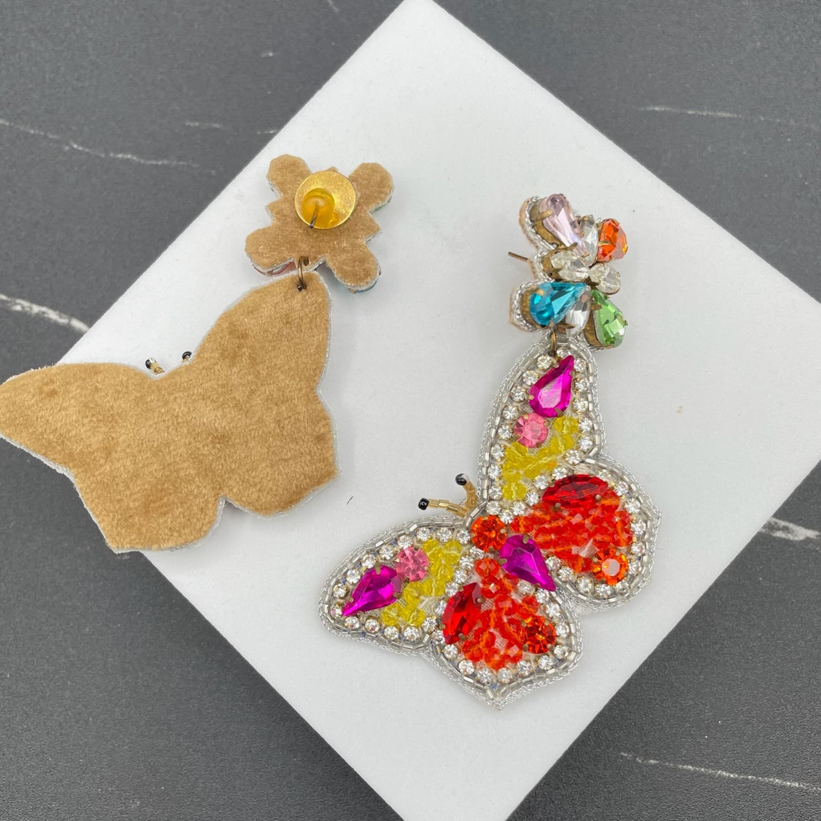 Classic Multicolor Faceted Glass Beads Prong Rhinestone Butterfly Drop Earrings - Thumbnail 3