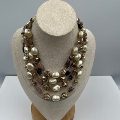 Vintage Multi Strand Faux Pearl Beaded Necklace Gold Tone Cluster Statement - Image 1